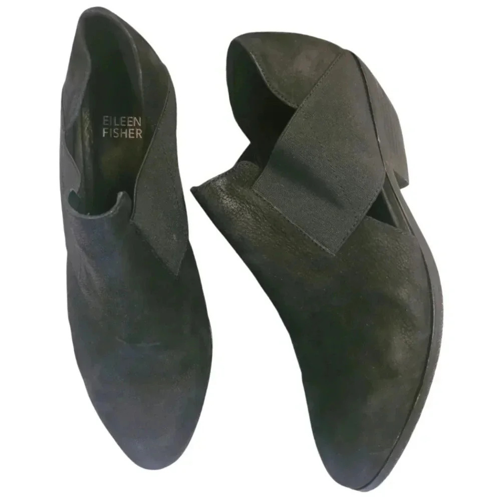 EILEEN FISHER Perry tumbled nubuck suede black ankle booties shoes Wmn's 7.5